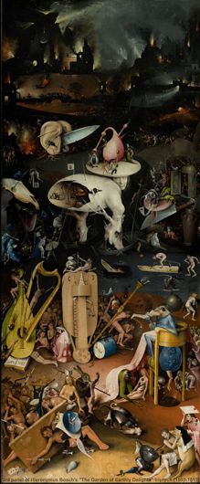 While the left panel depicts Eden and its divine delights, and the central panel demonstrates a wealth of sensory pleasures in the Earthly realm, it's the third or rightmost panel (displayed here) which hints at those infernal temptations existing in the darkest depths of the human soul and beyond.